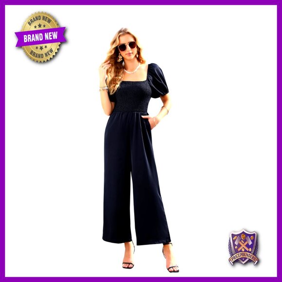 Women's Jumpsuit Short Sleeve Smocked High Waist Wide Leg Loose Fit